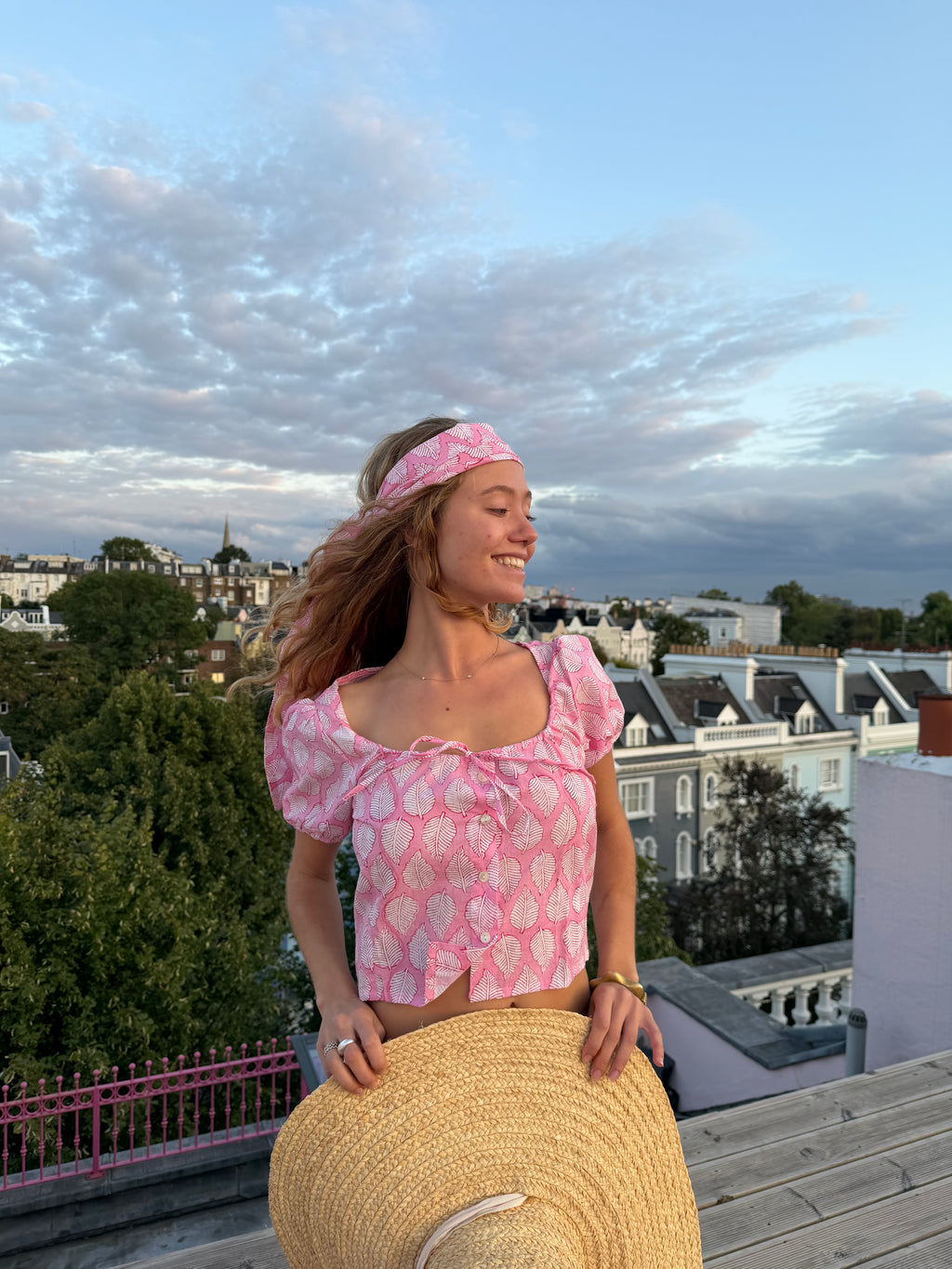 Pink Leaf Puff Sleeve Blouse