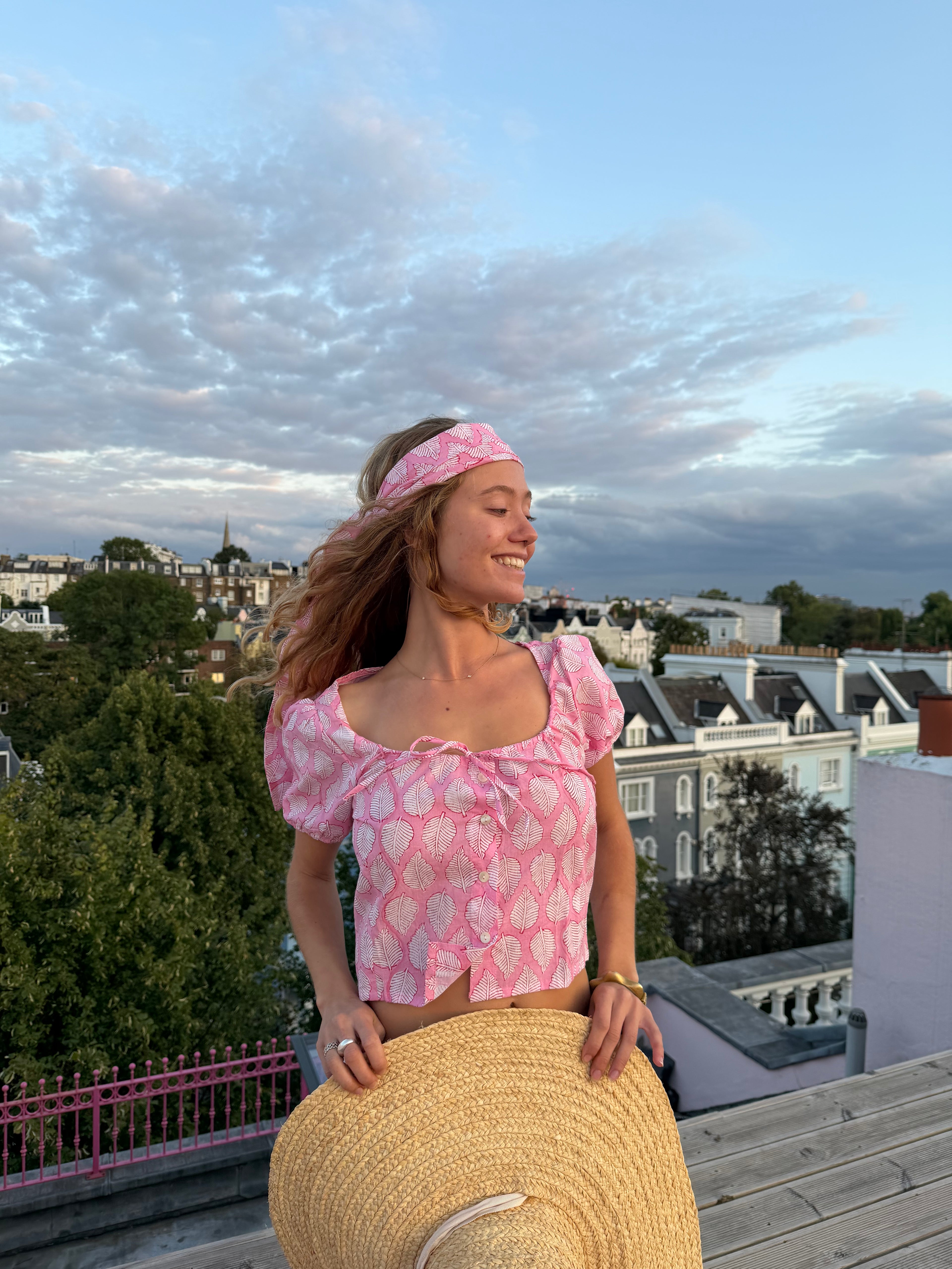 Pink Leaf Puff Sleeve Blouse
