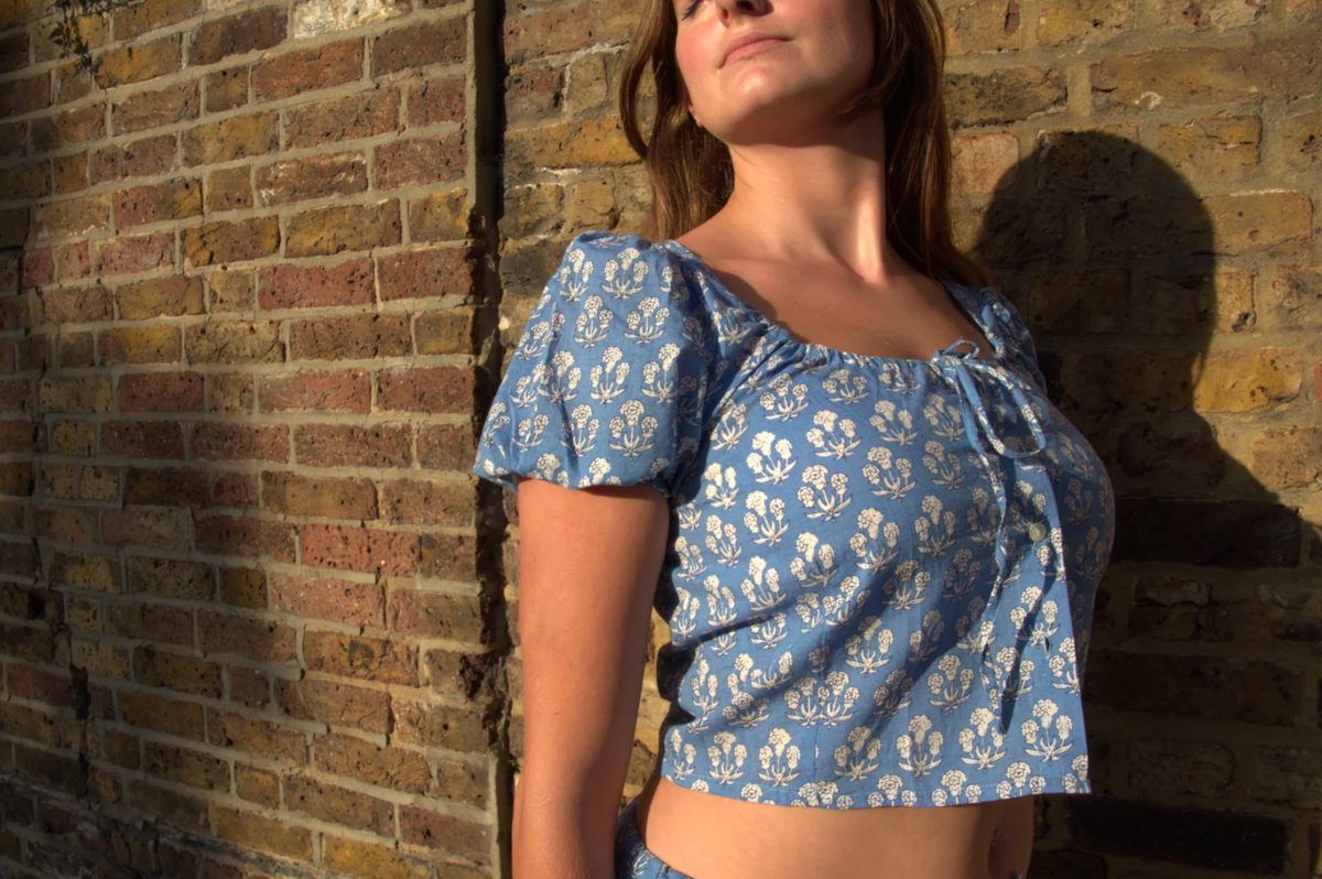 Electric Blue Flower Puff Sleeve Blouse